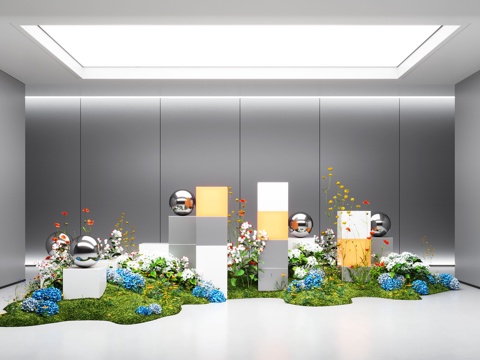  现代室内景观造景 苔藓景观 苔藓造景 金属装置雕塑su模型 