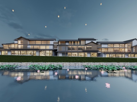  现代新中式酒店商业街3d模型 