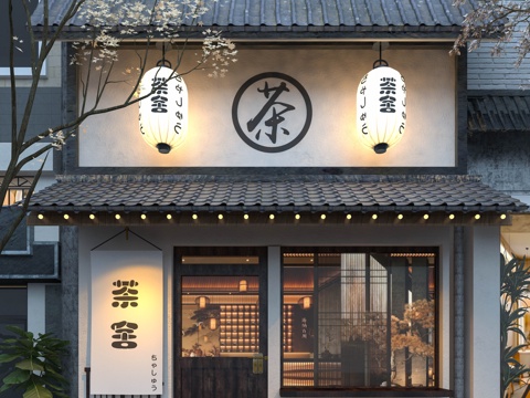  日式门头 餐饮门头 茶馆门头 玻璃门 灯箱 户外灯笼su模型 