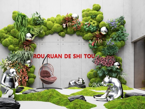  现代室内景观造景 苔藓景观 苔藓造景 植物墙 金属雕塑su模型 