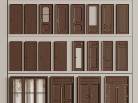  新中式单开门 双开门 推拉门3d模型 