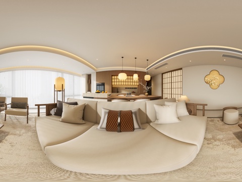 禅意新中式客餐厅全景 宋代美学客厅家具 沙发茶几组合 岛台
