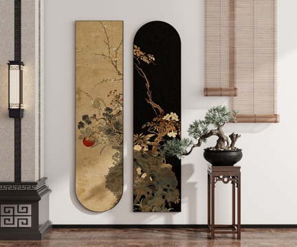  现代新中式禅意中古风侘寂风挂画墙饰装饰画组合陈设品绿植3d模型 