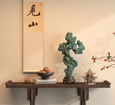  诧寂中古玄关柜太湖石干枝盆景su模型 