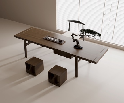 现代茶桌椅组合 实木茶桌 实木单椅 实木方凳 茶具组合 茶壶3d模型 