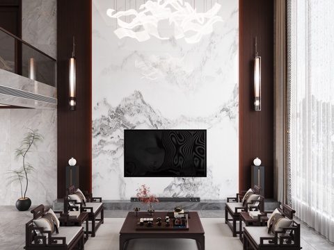  新中式别墅客厅3d模型 