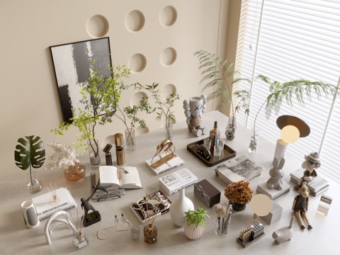  现代摆件组合 花瓶 植物 书本 雕塑 摆件3d模型 