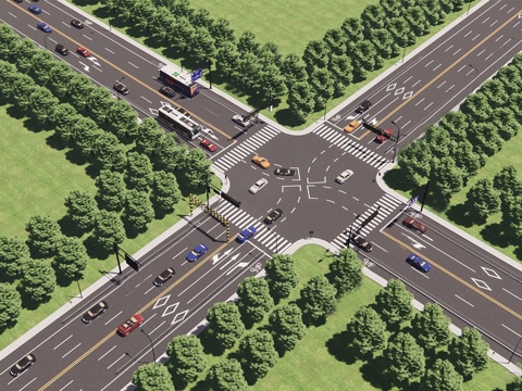  现代市政道路景观 城市公路 十字路口su模型 