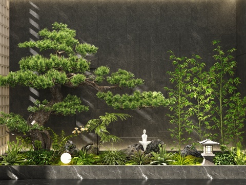  新中式室内景观 景观造景 植物景观 景观树 松树 庭院景观3d模型 