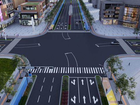  现代市政道路景观 城市公路 十字路口su模型 