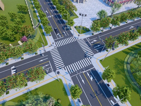  现代道路 十字路口 双车道su模型 