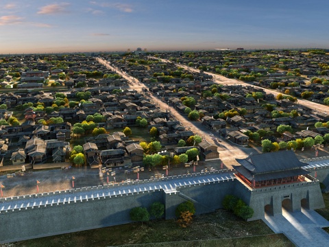  俯视古城建筑景观3d模型 