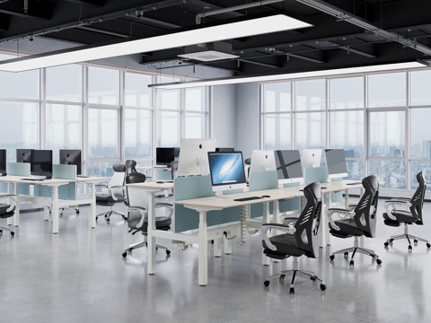  办公区域联排升降桌办公椅3d模型 