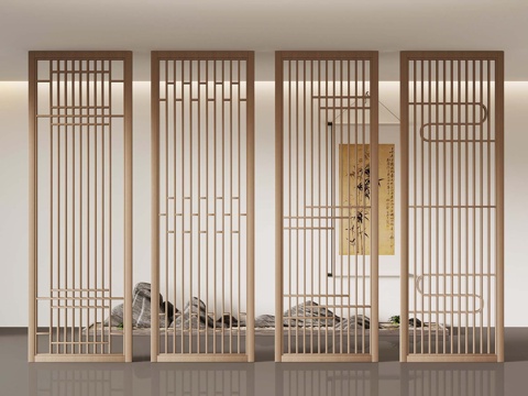  新中式屏风隔断su模型 