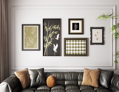  中古沙发背景组合挂画照片墙3d模型 