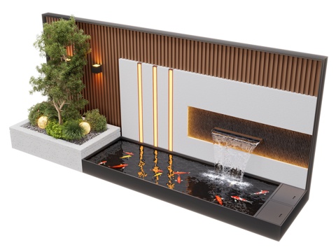  现代庭院水景 水景墙 叠水 景观植物 鱼池3d模型 