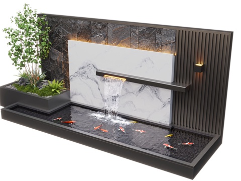  现代庭院水景 水景墙 叠水 景观植物 鱼池3d模型 