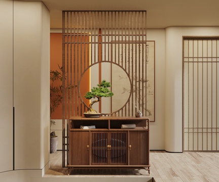  宋式新中风玄关 端景台 宋式风玄关隔断 挂画 玄关柜3d模型 