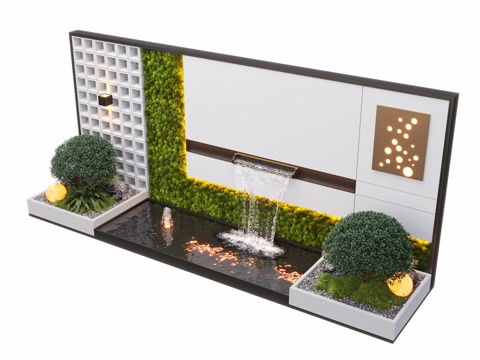  现代庭院水景 水景墙 叠水 景观植物 鱼池3d模型 