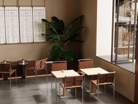  工业风咖啡厅 咖啡店餐桌椅 咖啡桌椅 靠墙卡座沙发 咖啡卡座3d模型 