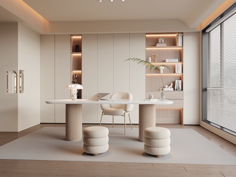  现代奶油风书房3d模型 