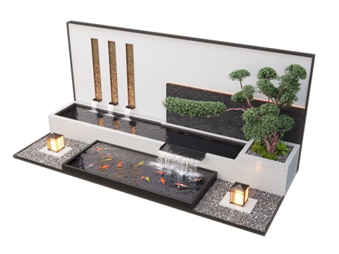  现代庭院水景 水景墙 叠水 景观植物 鱼池3d模型 