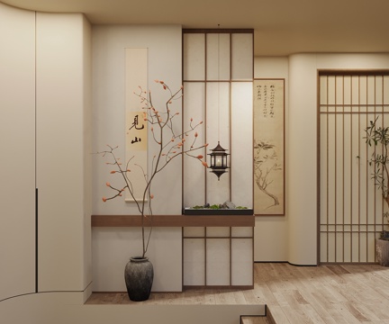  宋式新中风玄关 端景台 宋式风玄关隔断 吊灯 微景观 挂画3d模型 