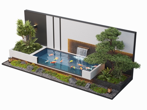  现代庭院水景 水景墙 叠水 景观植物 鱼池3d模型 