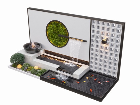  现代庭院水景 水景墙 叠水 景观植物 鱼池3d模型 