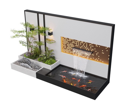  现代庭院水景 水景墙 叠水 景观植物 鱼池3d模型 