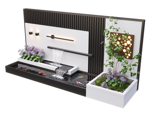  现代庭院水景 水景墙 叠水 景观植物 鱼池3d模型 
