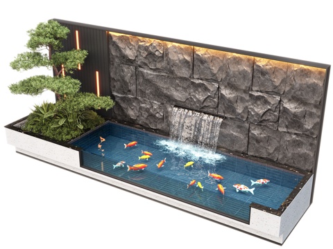  现代庭院水景 水景墙 叠水 景观植物 鱼池3d模型 