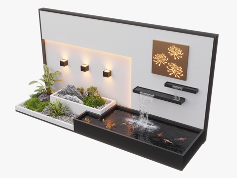 现代庭院水景 水景墙 叠水 景观植物 鱼池3d模型 