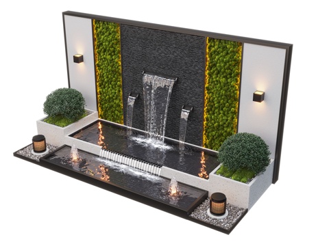  现代庭院水景 水景墙 叠水 景观植物 鱼池3d模型 