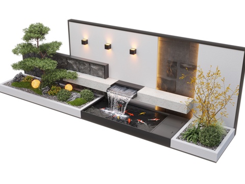  现代庭院水景 水景墙 叠水 景观植物 鱼池3d模型 