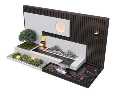  现代庭院水景 水景墙 叠水 景观植物 鱼池3d模型 