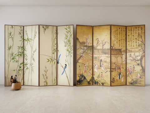  禅意新中式屏风 可折叠屏风 宋代美学隔断  装饰植物3d模型 