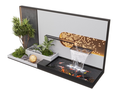  现代庭院水景 水景墙 叠水 景观植物 鱼池3d模型 