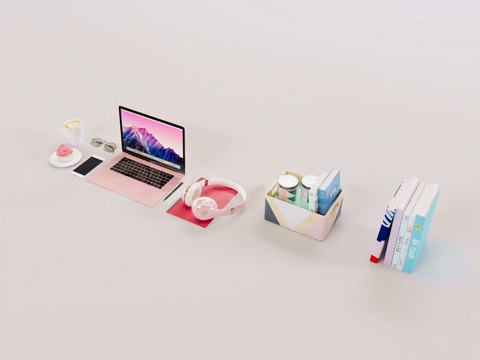  现代简约陈设饰品 电脑 书籍 耳机 咖啡 饮料3d模型 
