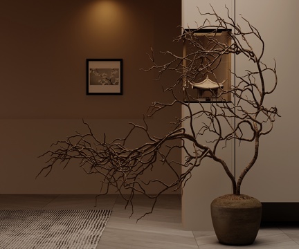  盆栽 新中式室内花瓶 枯枝摆件 装饰画3d模型 