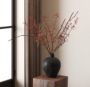  中古风花瓶花艺 干支 红浆果 干花干果3d模型 