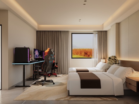  现代酒店客房 标间 双人间3d模型 