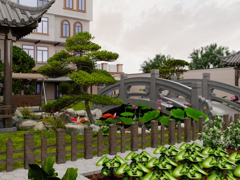  新中式鱼池 庭院景观 鱼池景观 小桥 荷花3d模型 