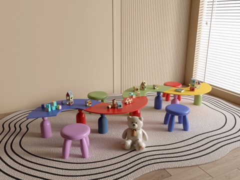  现代幼儿园桌椅 幼儿园玩具 儿童座椅组合 儿童手工桌 卡通桌3d模型 