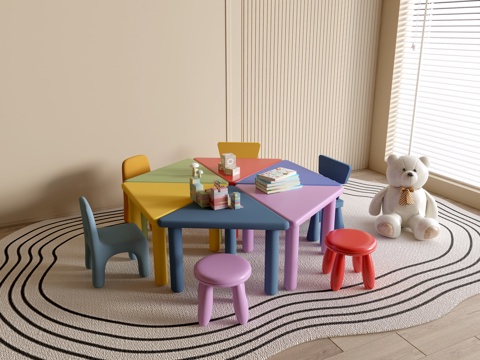  现代幼儿园桌椅 幼儿园玩具 儿童座椅组合 儿童手工桌 卡通桌3d模型 