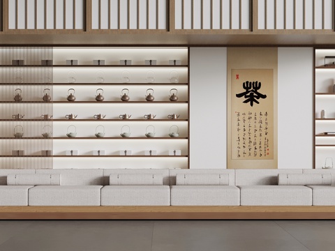  新中式茶叶柜 展示柜 形象墙 卡座su模型 
