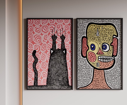  现代极简装饰画 侘寂中古风挂画 奶油风装饰画 意式挂画 黑白3d模型 