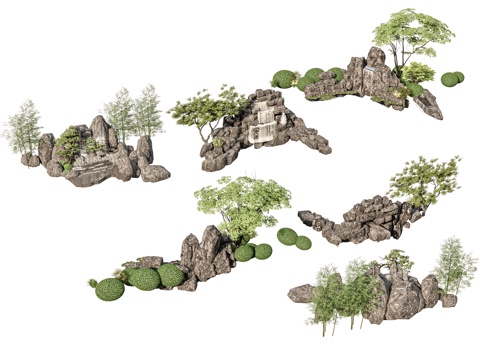  新中式现代假山 新中式庭院石头 庭院石头造景小品 石头岩石su模型 
