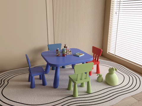  现代幼儿园桌椅 幼儿园玩具 儿童座椅组合 儿童手工桌 卡通桌su模型 