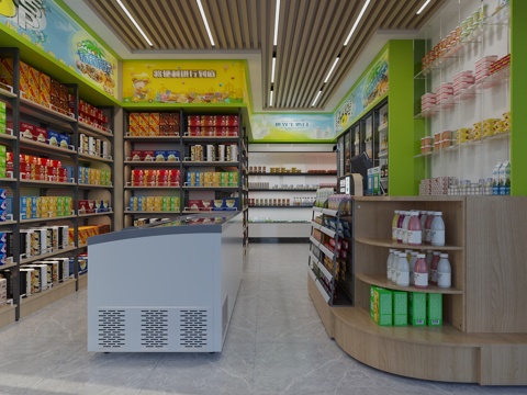  现代风格便利店 超市 冰柜 收银柜 货架 日用百货3d模型 